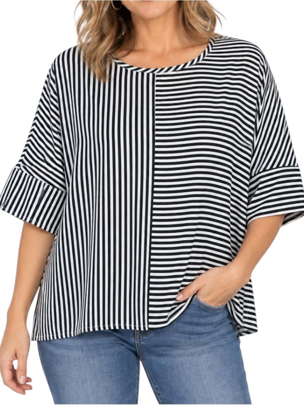Express Black White Mixed Stripe Boxy Blouse Dolman Sleeve Women’s Medium Top